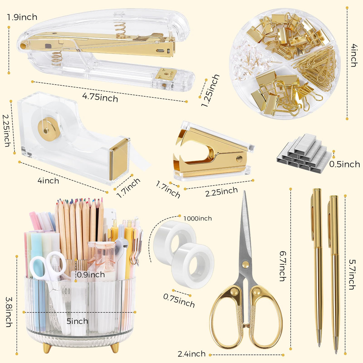 Gold Office Supplies Set with Pencil Holder for Desk