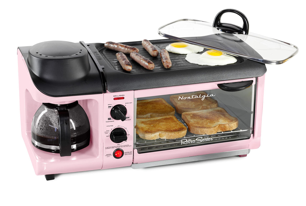 3-in-1 Breakfast Station - Includes Coffee Maker, Non-Stick Griddle, and 4-Slice Toaster Oven - Versatile Breakfast Maker with Timer - Pink