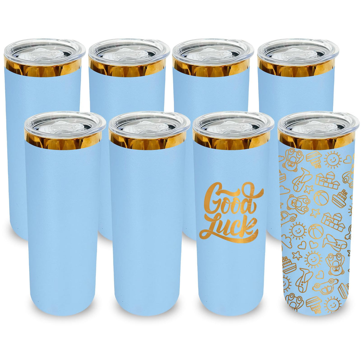 20 oz Skinny Tumblers Bulk With Lid and Straw Sky Blue (8 Count)