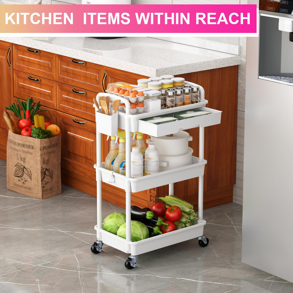 3 Tier Rolling Utility Cart Organizer with Removable Drawer