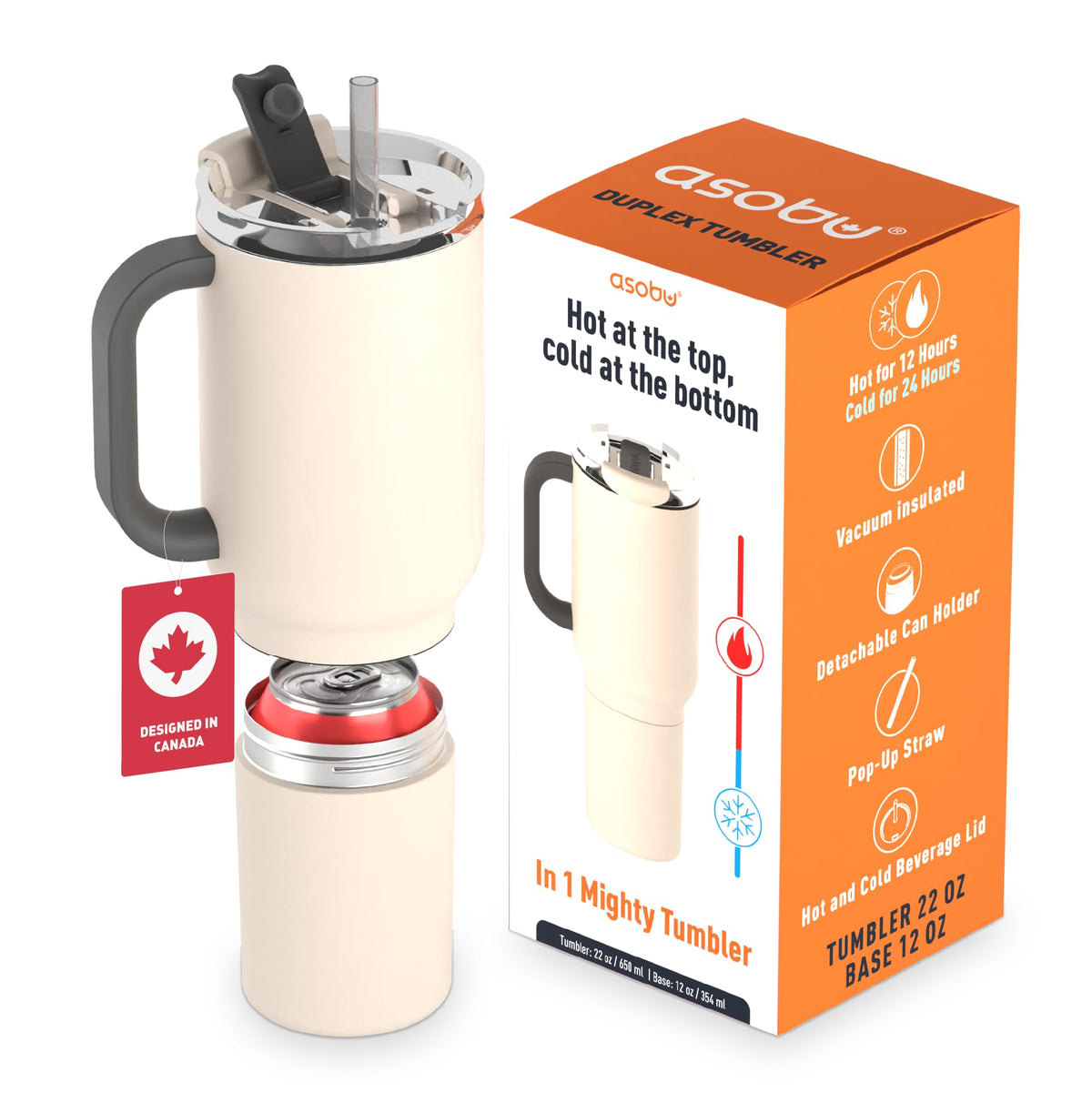 DUPLEX 2-in-1 Travel Mug and Beer Can Holder Enjoy hot and cold drinks simultaneously -22 oz Hot Coffee or Tea Tumbler with Attached 12 oz Cold Can Holder for Beer or Soda, white