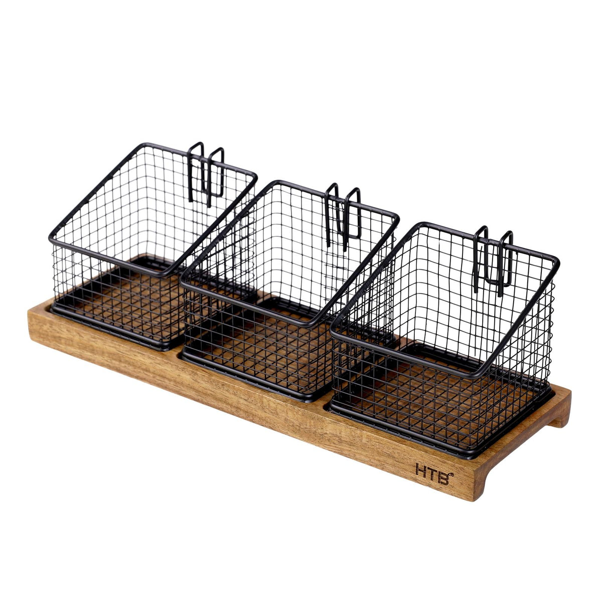 Acacia Wood Tea Bag Organizer with 3 Removable Metal Baskets