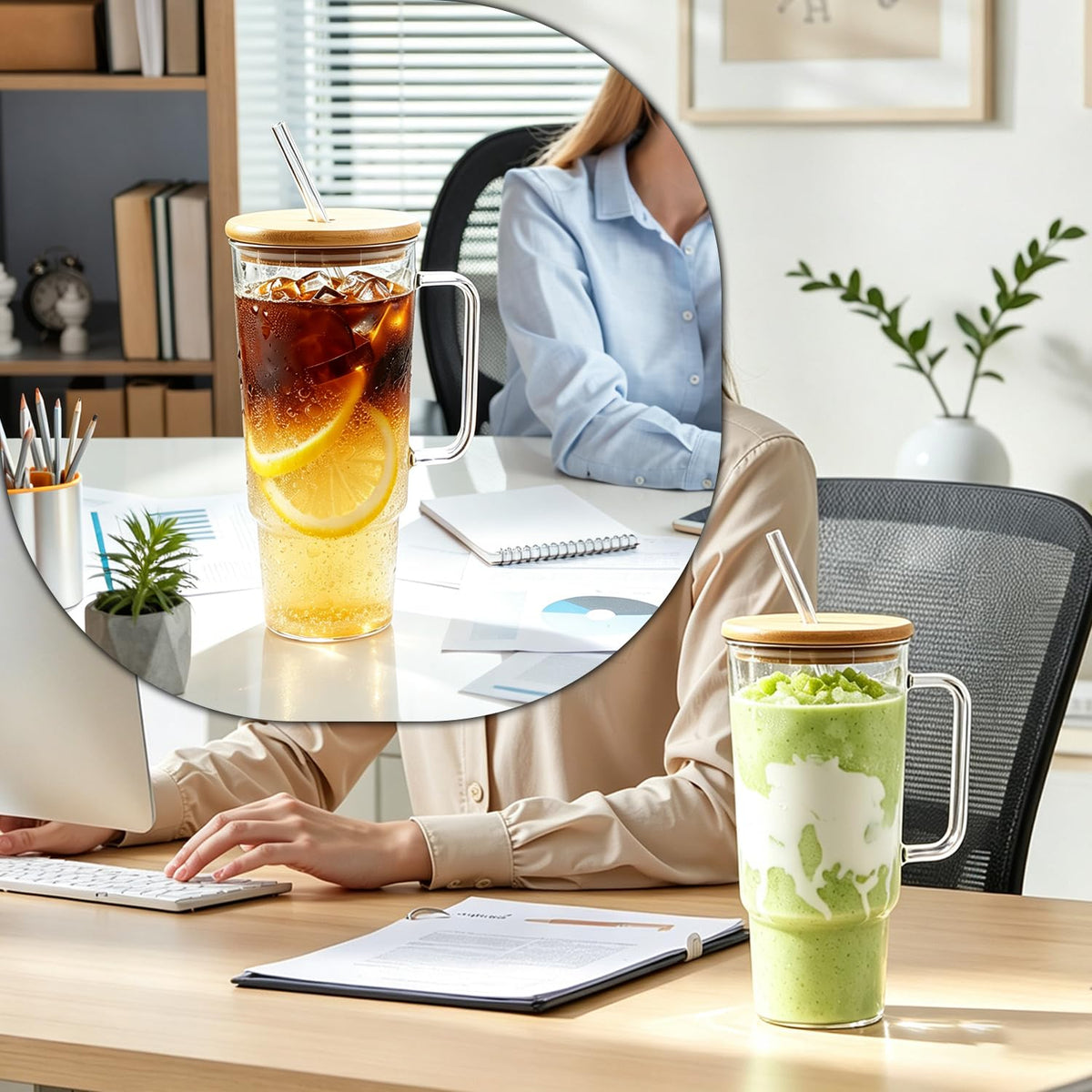 Glass Cup with Handle 49oz Tumbler with Straw and Lid