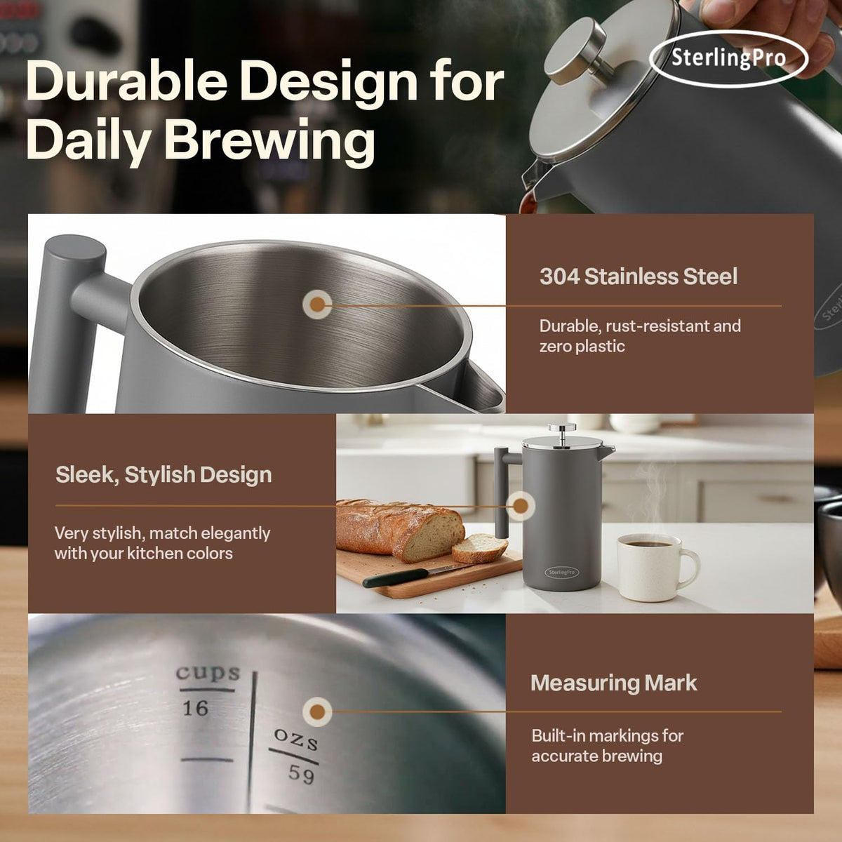 Non Toxic Extra Large Insulated Stainless Steel French Press Coffee Maker 59oz
