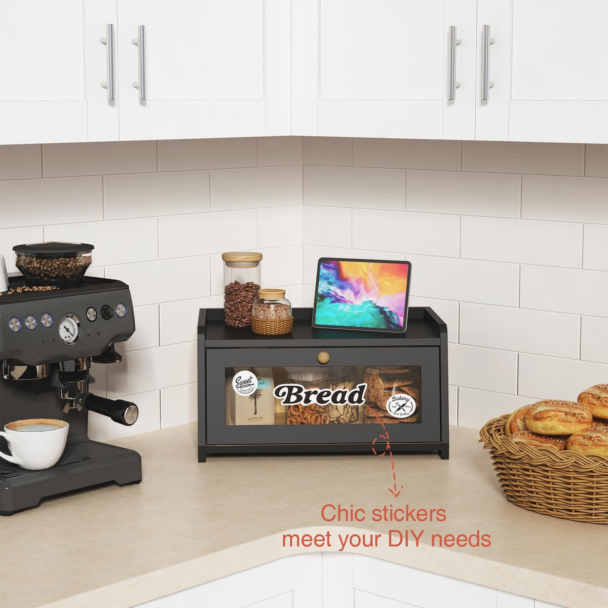 Black Bread Box for Kitchen Countertop