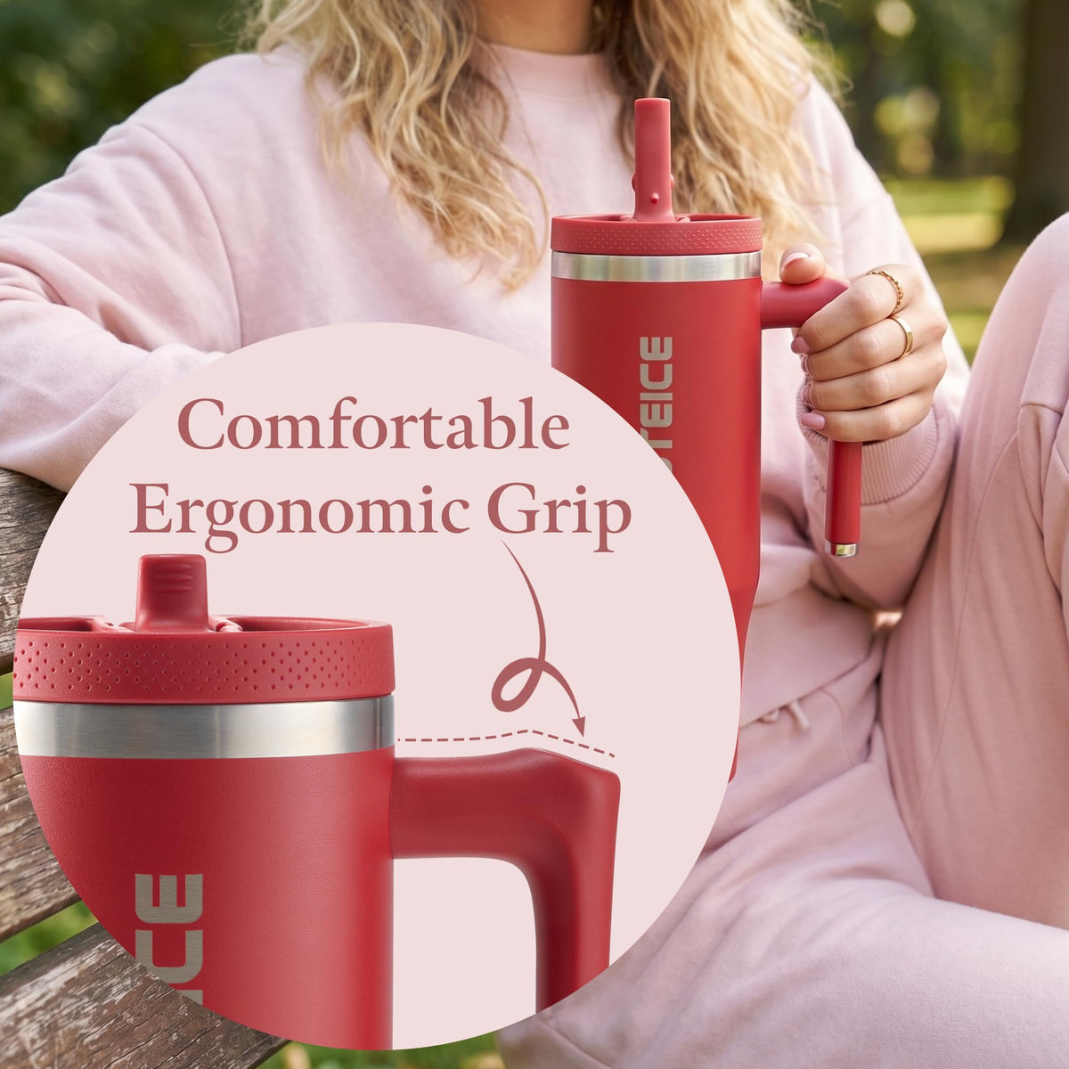 Deep Red 30 oz Tumbler with Handle Coffee Tumbler Cups with Lid and Straw