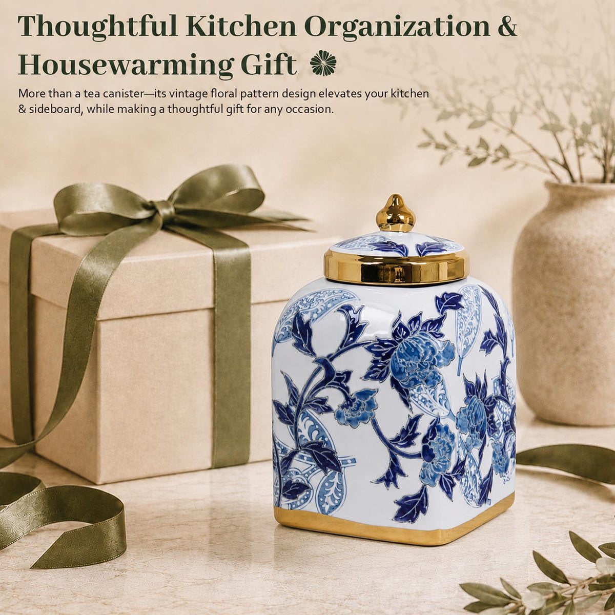 Blue and White Ceramic Tea Canister with Airtight Lid