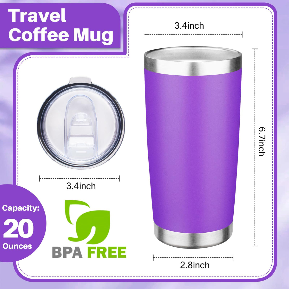20oz Tumbler with Lid Double Wall Vacuum Insulated Travel Coffee Mug Stainless Steel Thermal Cup Powder Coated Sturdy Coffee Tumbler Bulk for Hot and Cold Beverages (6 Count)
