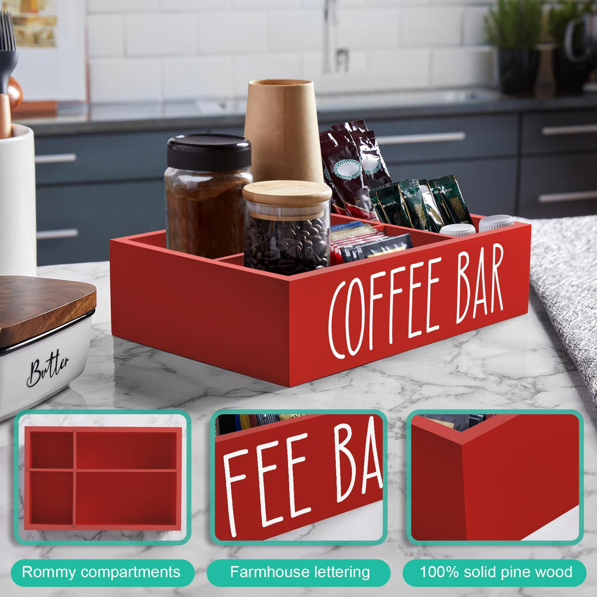 Red Coffee Station Organizer with Removable Dividers