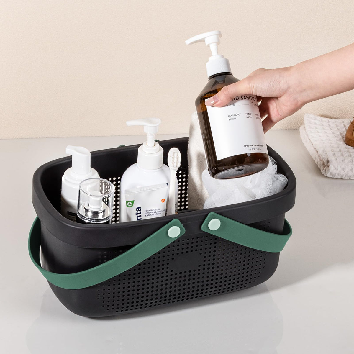 Portable Shower Caddy Basket with Handle Plastic Storage Basket Black Green