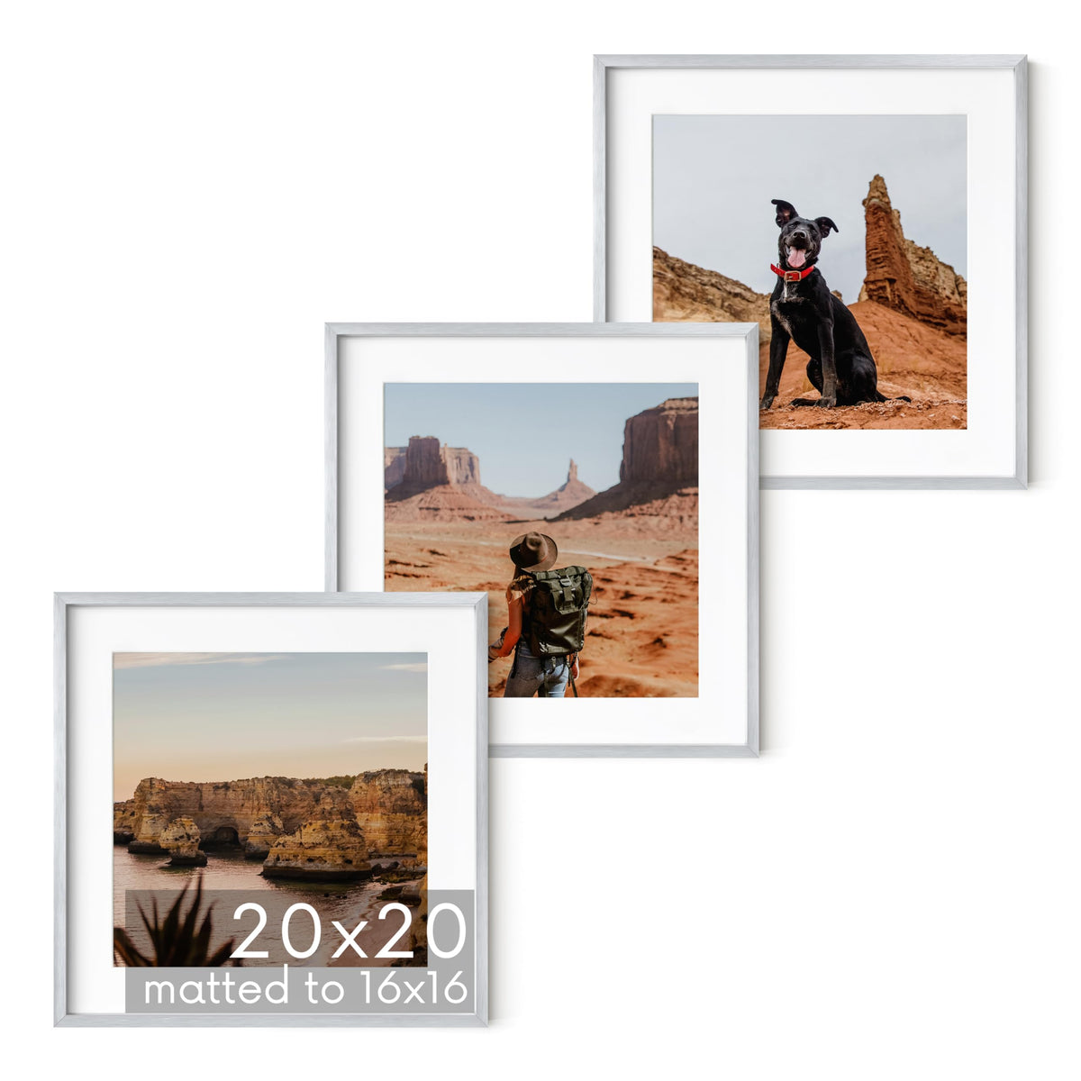 20x20 Silver Metal Picture Frames Matted to 16x16 (3 Count)