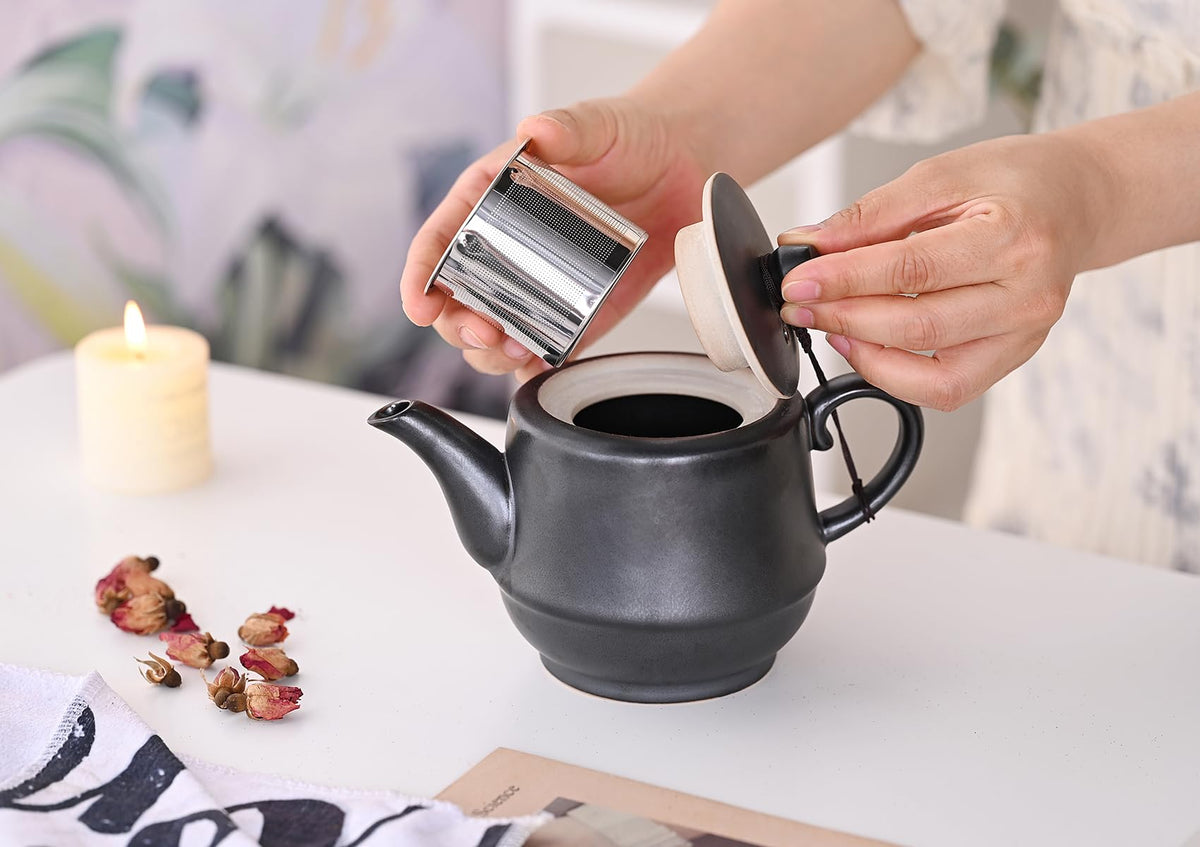 Rural Style Ceramic Teapot with Stainless Steel Infuser 16 OZ Black