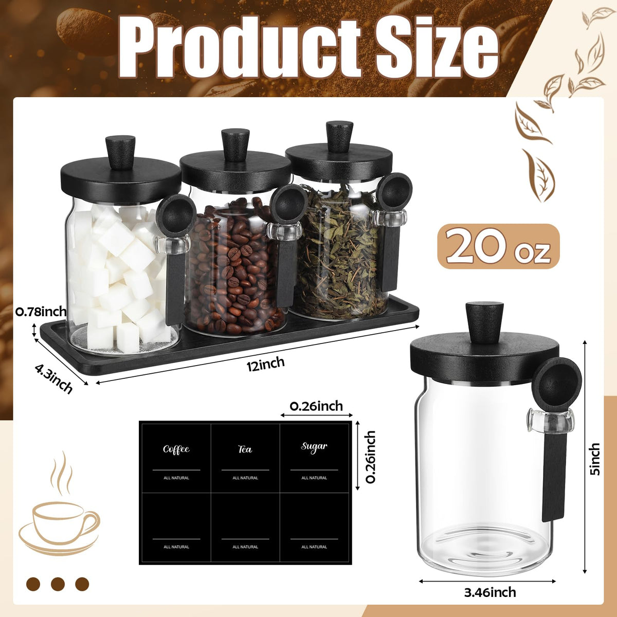 3 Pcs Glass Coffee Container with Wooden Lid Spoon Shelf Labels Clear Airtight Jar Food Storage Canister Set for Sugar Spice Coffee Bean Holder Housewarming Gift (3 Count)
