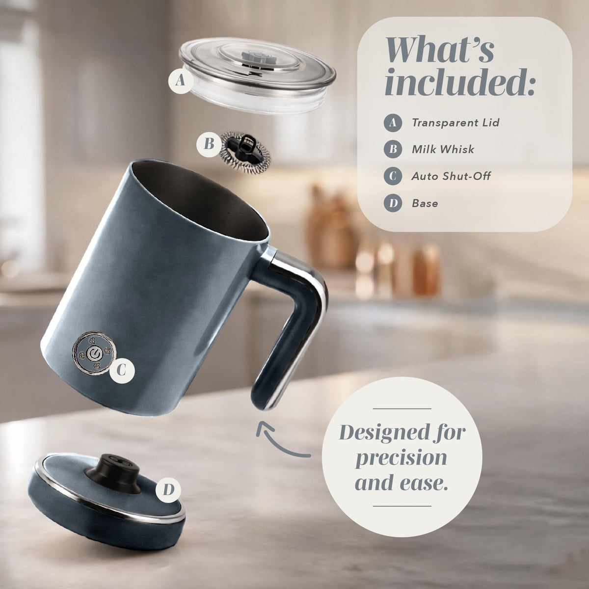 4-in-1 Electric Milk Steamer and Frother - 2-Minute Heating and Frothing, Hot and Cold Foam Maker for Coffee, Latte, Cappuccino, Macchiato, Milk Warmer, Auto Shut Off, Grey
