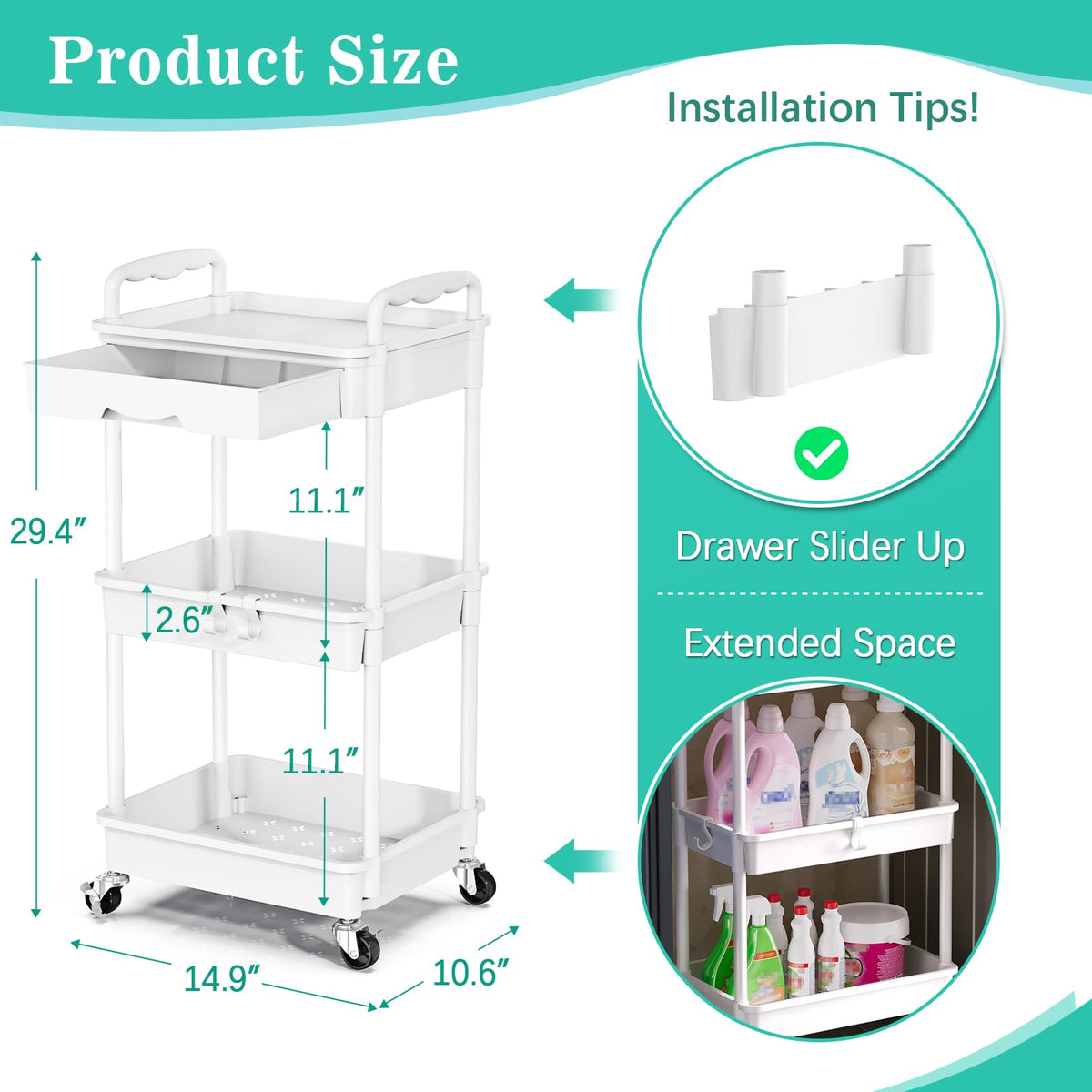 3 Tier Rolling Cart with Drawer