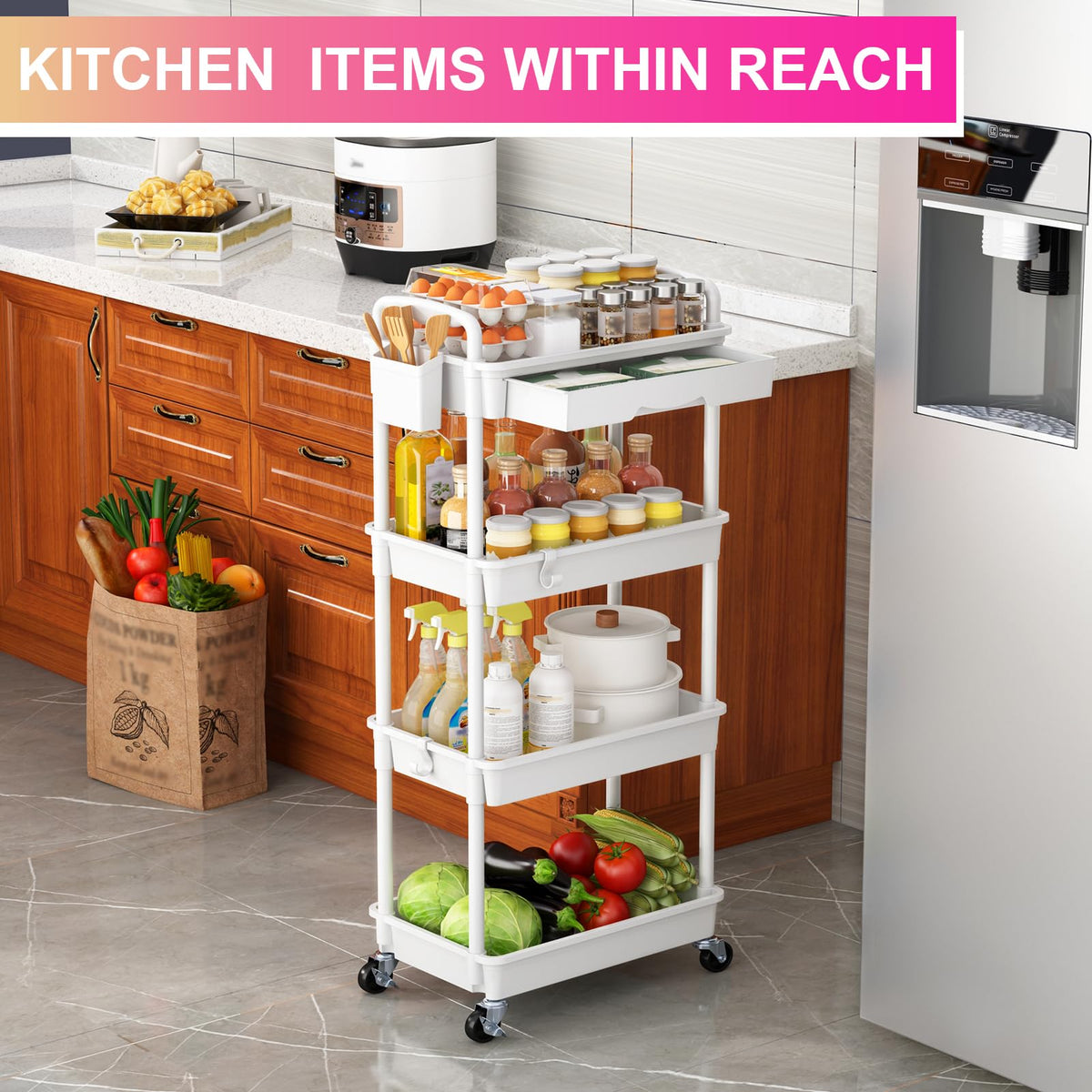 4 Tier Rolling Utility Cart Organizer with Removable Drawer