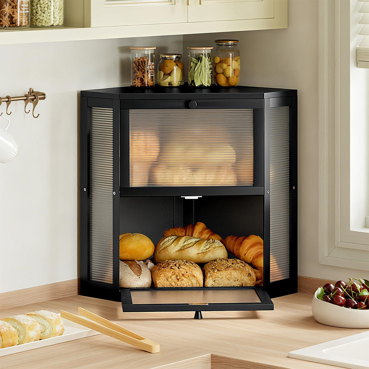 Double Layer Corner Bread Box for Kitchen Countertop with 2 Doors