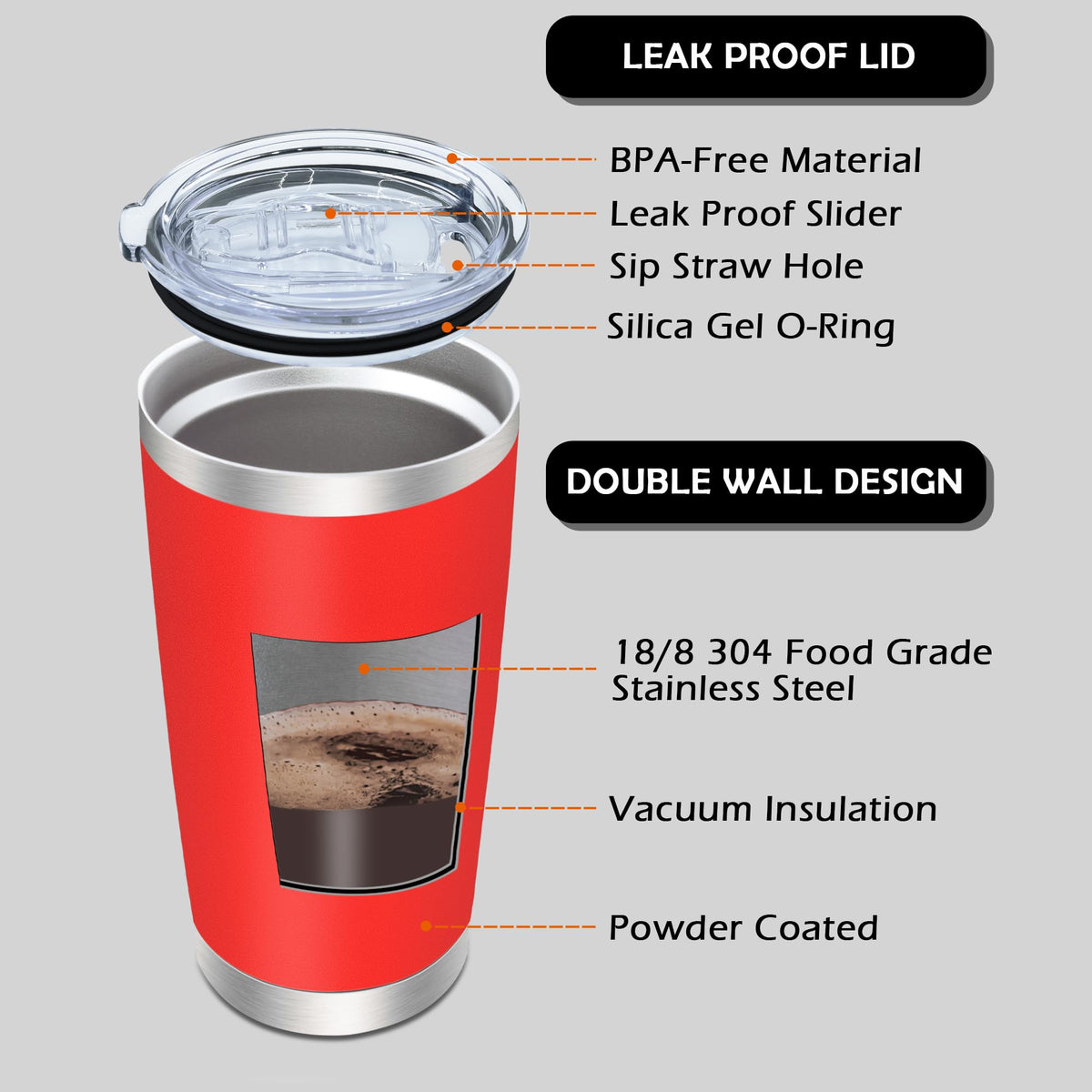 20oz Tumbler with Lid Stainless Steel Tumblers Insulated Mug Red 1P