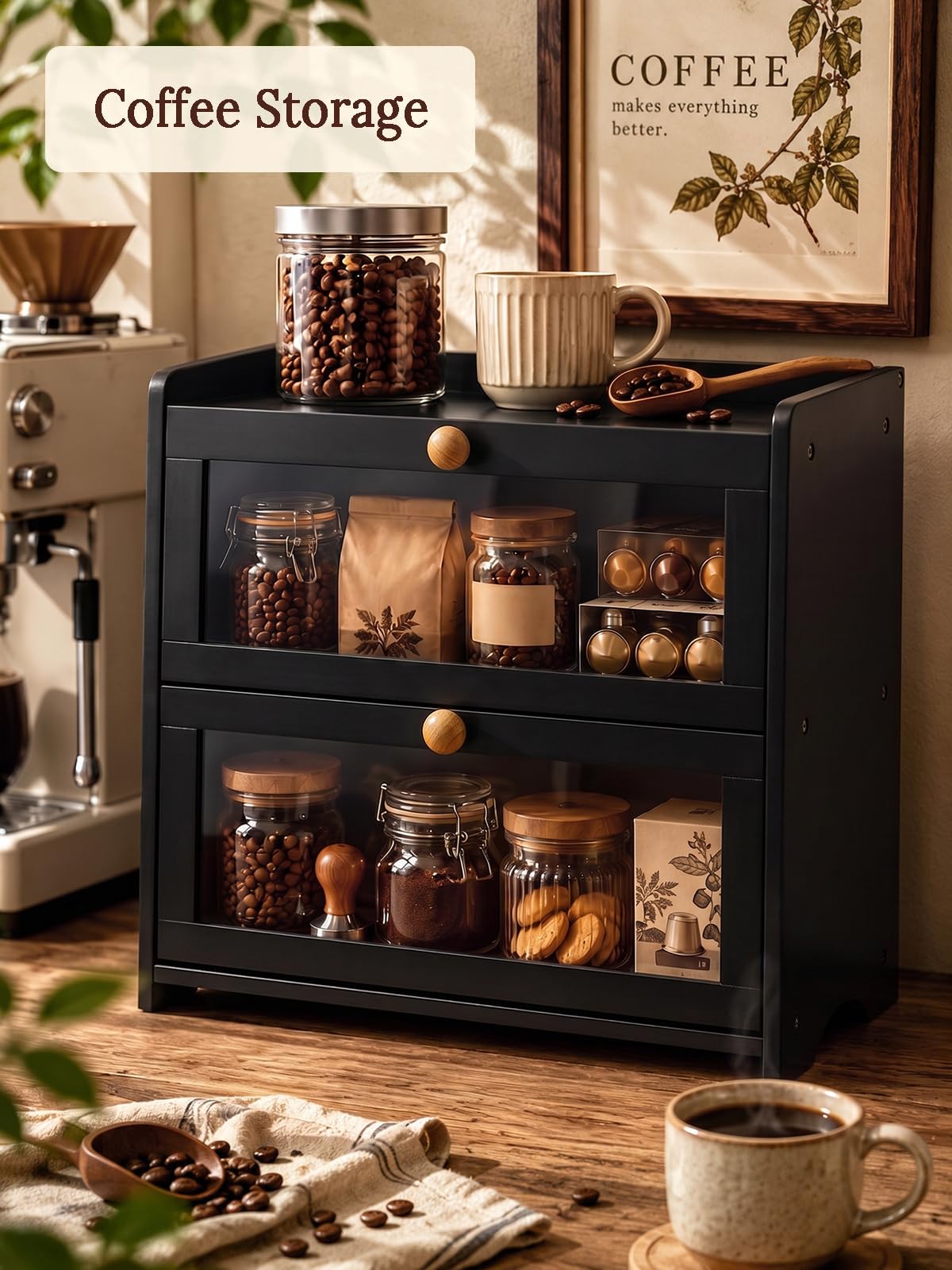 Black Bread Box for Kitchen Countertop
