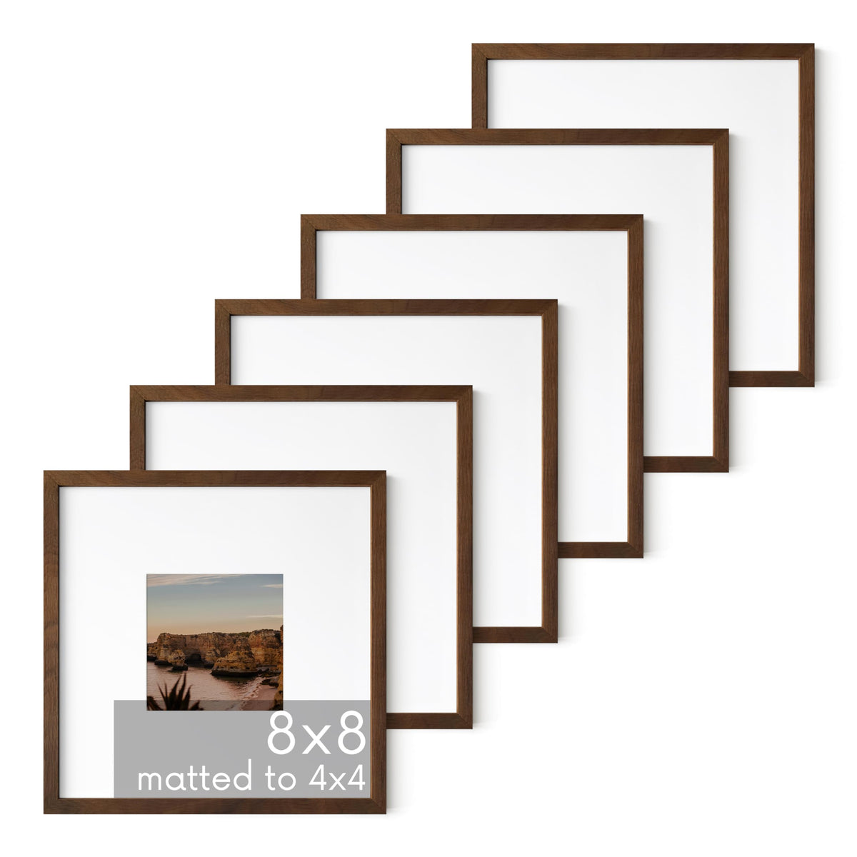 Walnut Square Frames 8" x 8" Matted to 4" x 4" (6 Count)