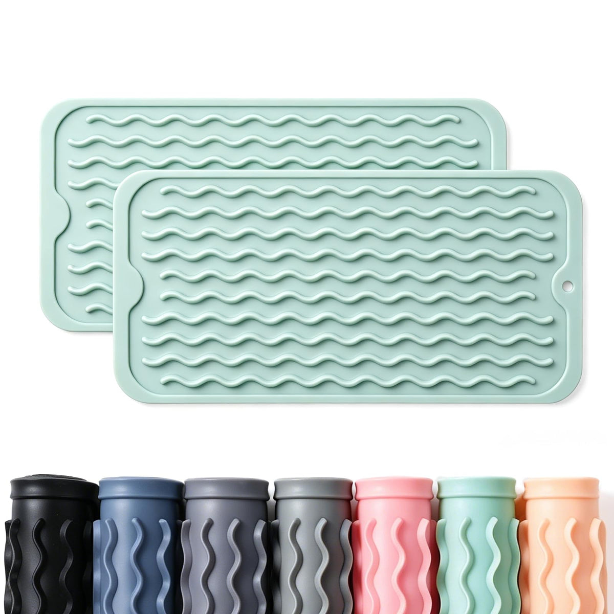 2 Pack Caketime Silicone Dish Drying Mat for Kitchen Counter Under Bathroom Sink Near Faucet Absorbent for Dishes Water Heat Resistant Pad with Soap Holder Decor essentials 12inchx6inch Green