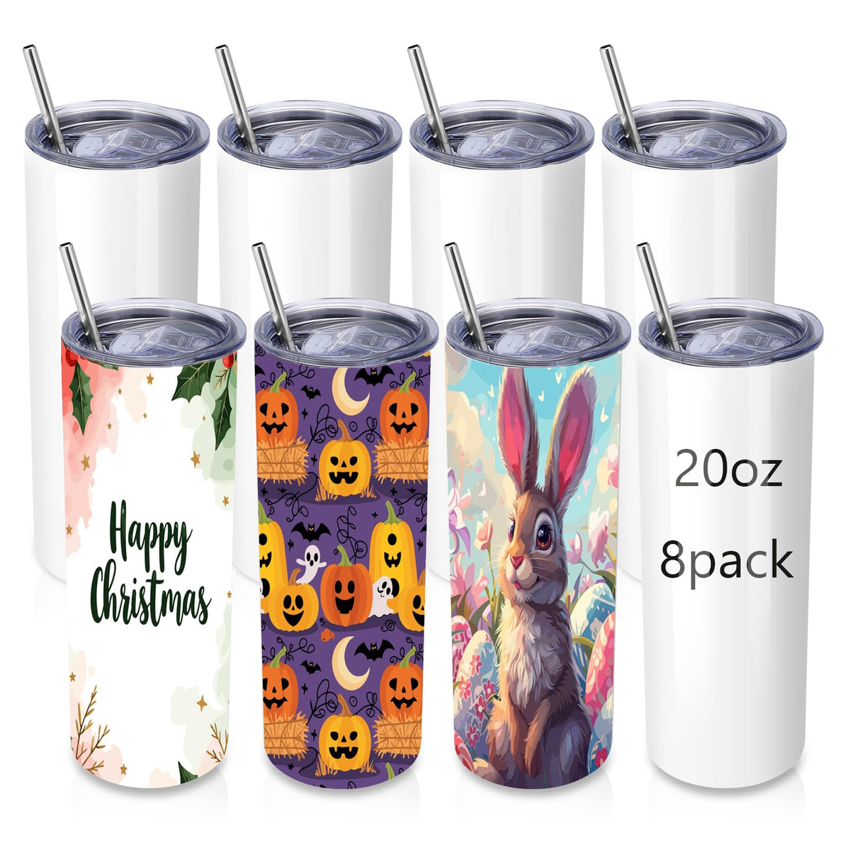 8 Pack Skinny Sublimation Tumblers with Lid and Straw