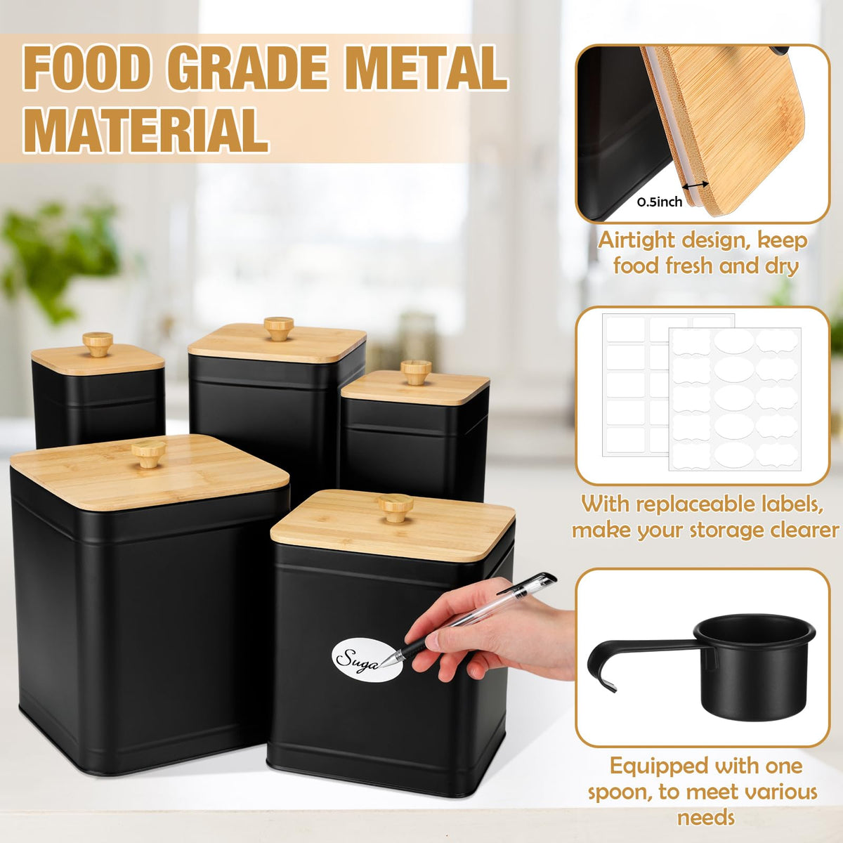 5 Pcs Black Kitchen Canisters for Countertop with Labels Airtight Metal Containers Coffee Tea Sugar Flour Jars with Spoon Farmhouse Big Food Storage Set for Kitchen (5 Count)