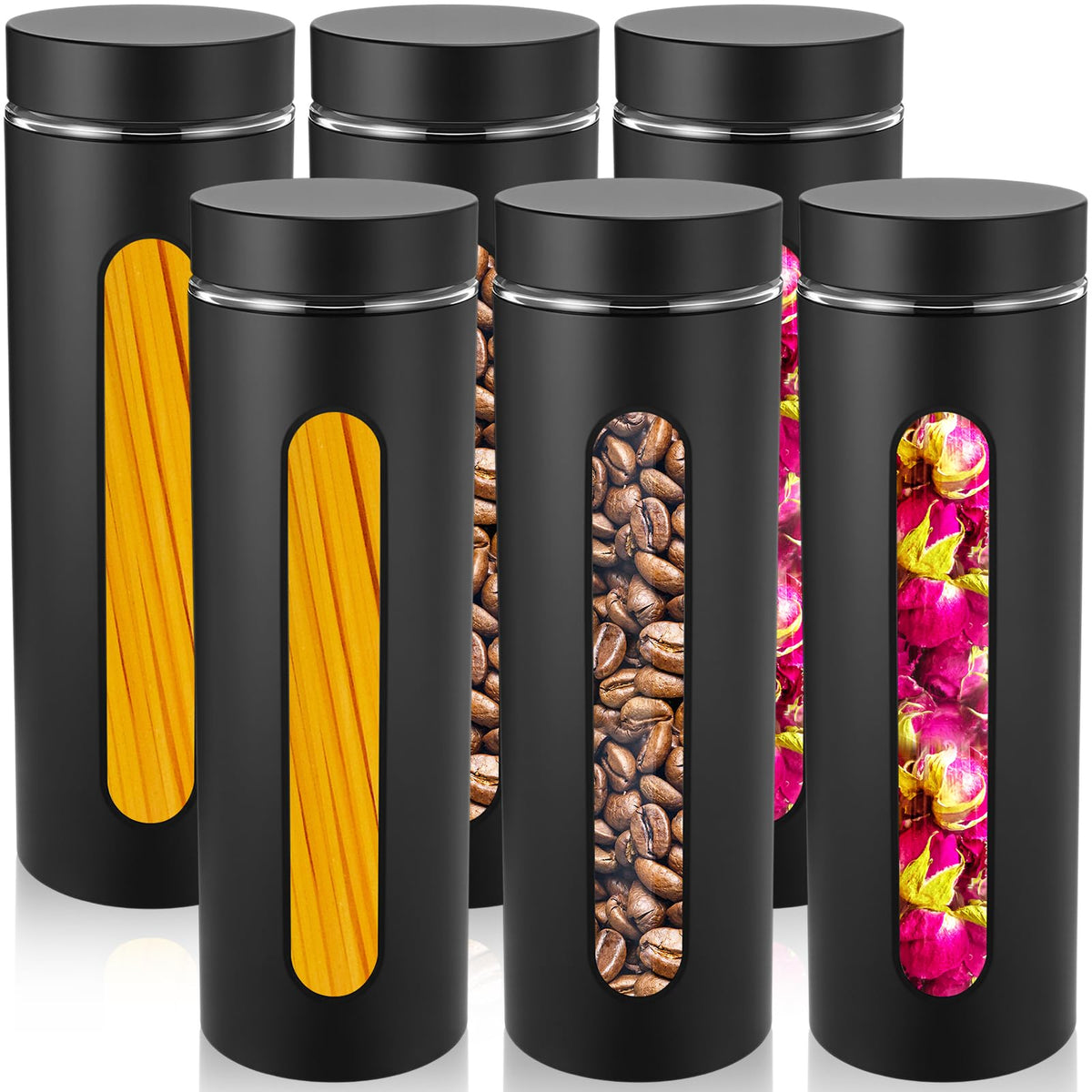 6 Pack Kitchen Canisters Set Airtight Stainless Steel Canister Food Storage Container with Window Glass (6 Count)