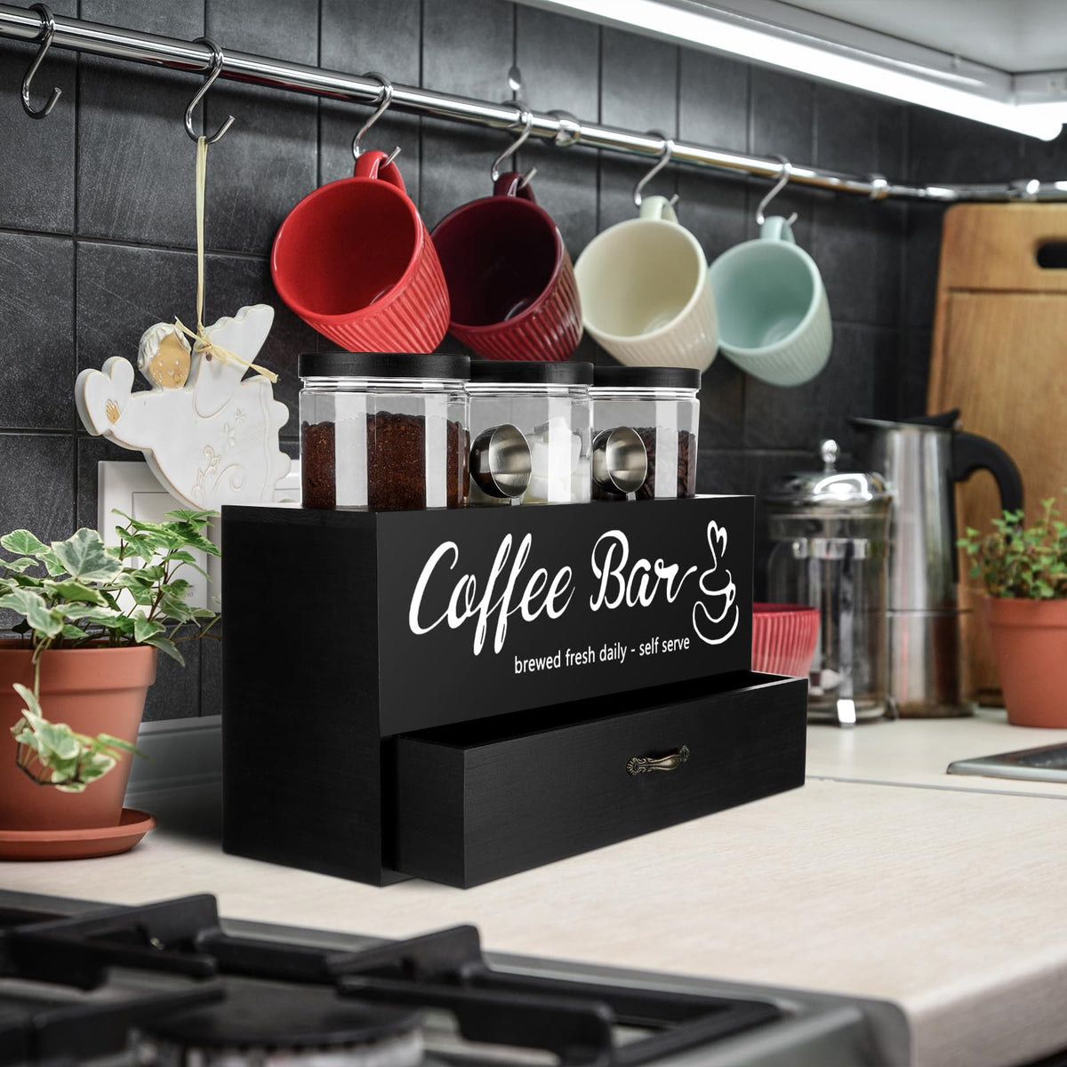 3 Pcs Coffee Bar Containers Set Include Coffee Sugar Container with Lid and Spoon and Double Layer Storage Box with Drawer for Bar Kitchen Countertop (6 Count)