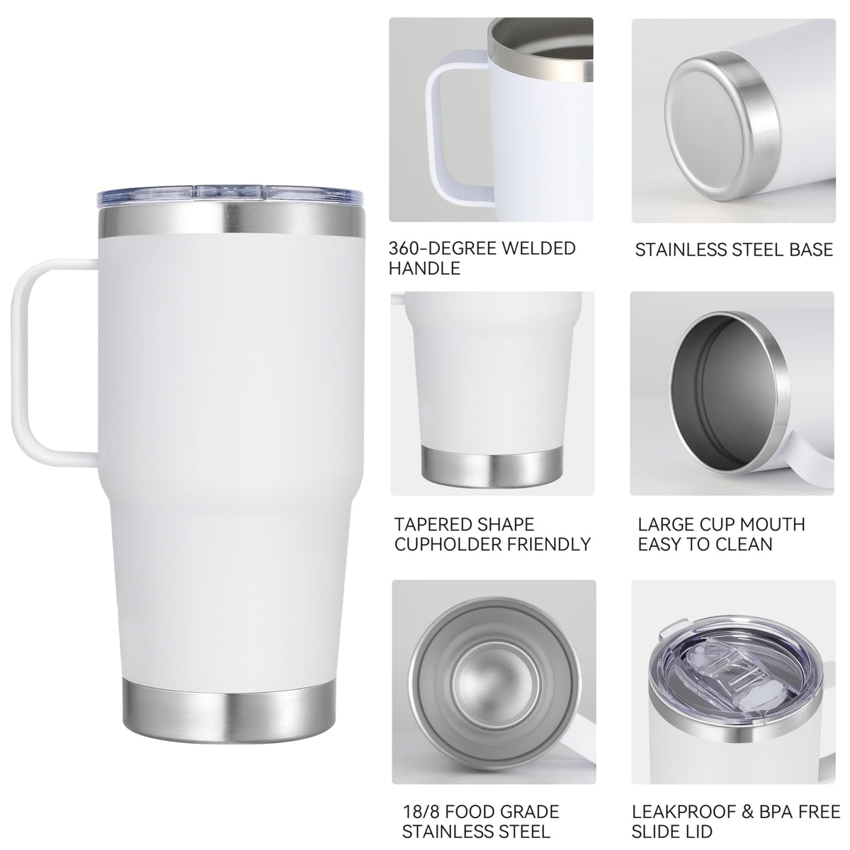 20 oz Stainless Steel Tumbler with Handle Metal Insulated Coffee Travel Mug with Handle Double Wall Tumbler Cup with Lid and Straw