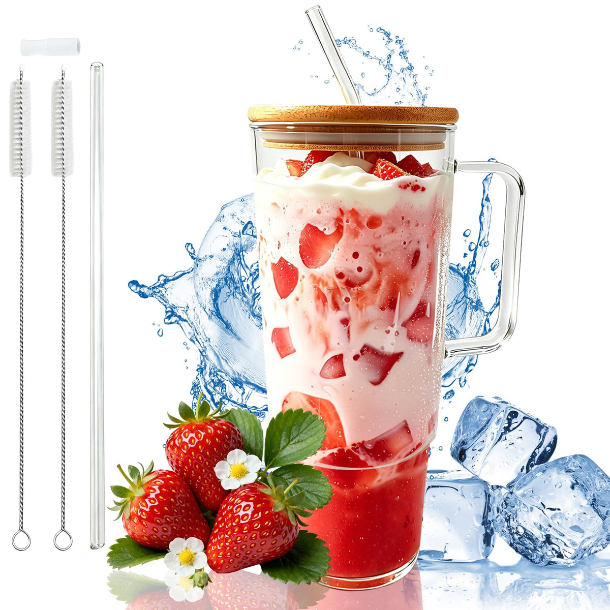 Glass Cup with Handle 49oz Tumbler with Straw and Lid