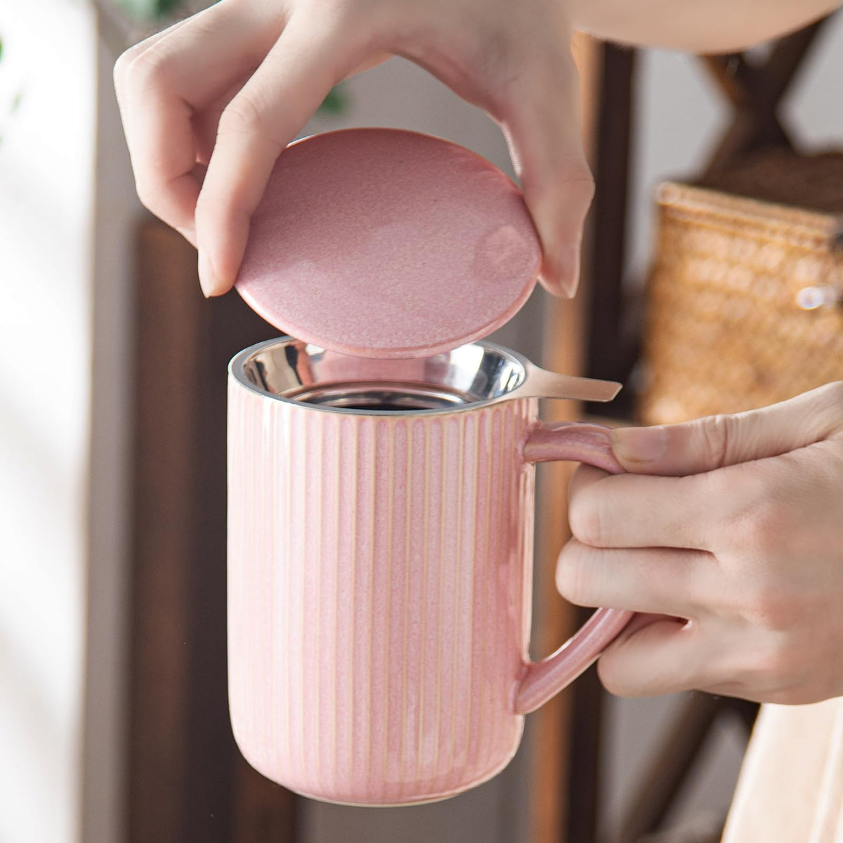 15.5oz 470ml Flambe Pink Ceramics Teacups with Infuser and Lid