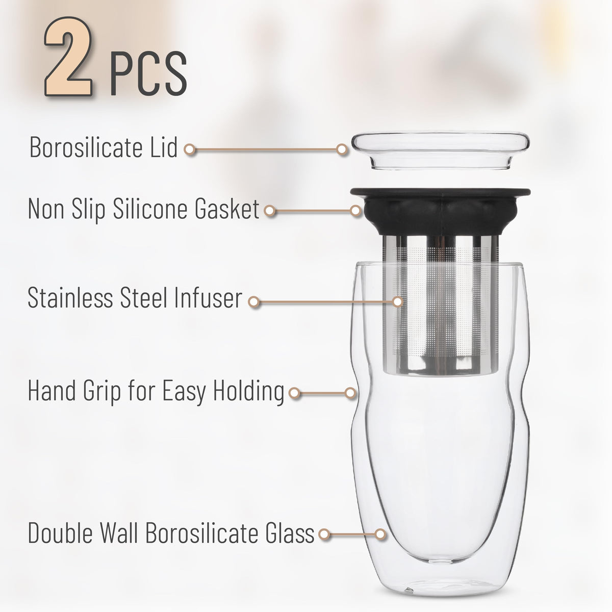 BTaT Double Wall Glass Tea Cup With Stainless Steel Infuser and Lid (2 Count)