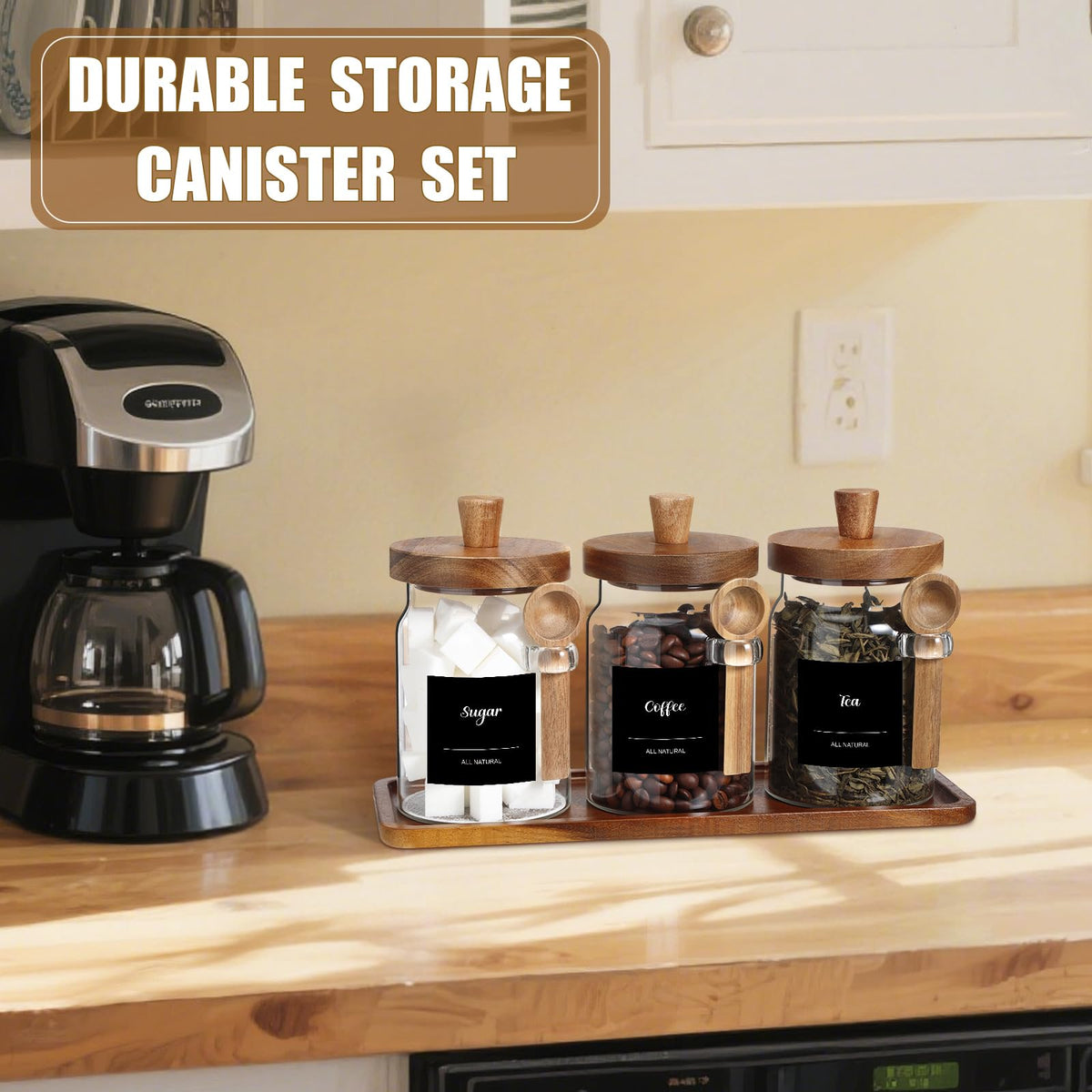 3 Pcs Glass Coffee Container with Wooden Lid Spoon Shelf Labels Clear Airtight Jar Food Storage Canister Set for Sugar Spice Coffee Bean Holder Housewarming Gift (3 Count)