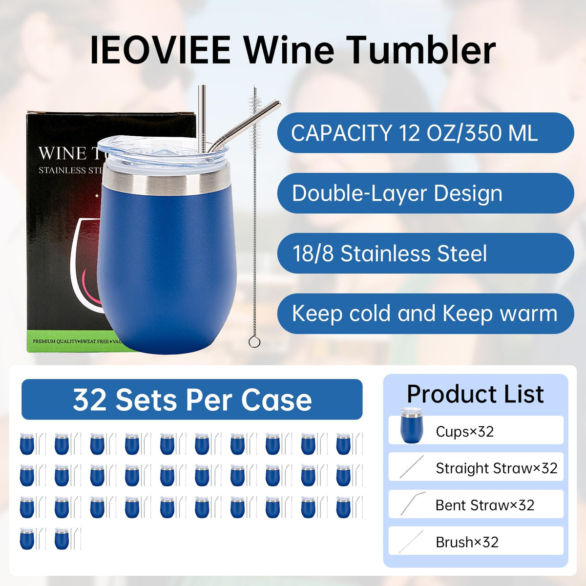 32Pack 12oz Stainless Steel Wine Bulk Tumblers with Lids and Straws (32 Count)