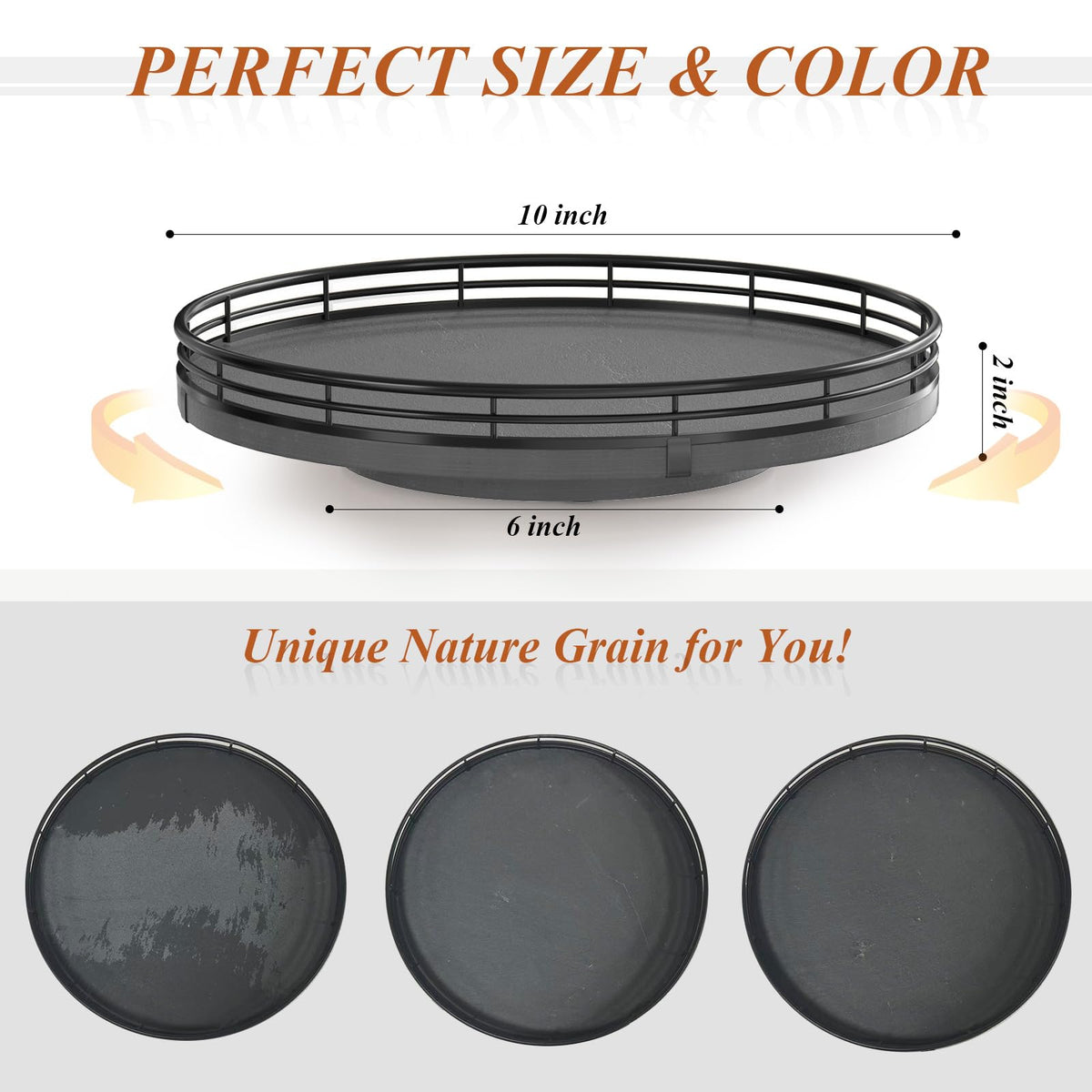 10 Inch Natural Slate Lazy Susan with Black Raised Iron Rim