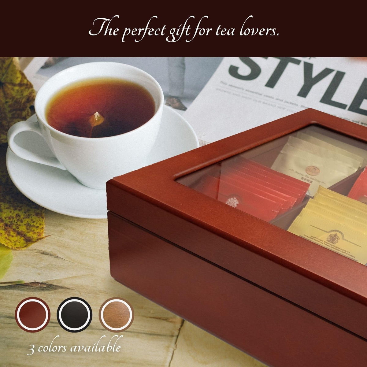 BJOYFUL&LOVED Wooden Tea Box with Glass Lid