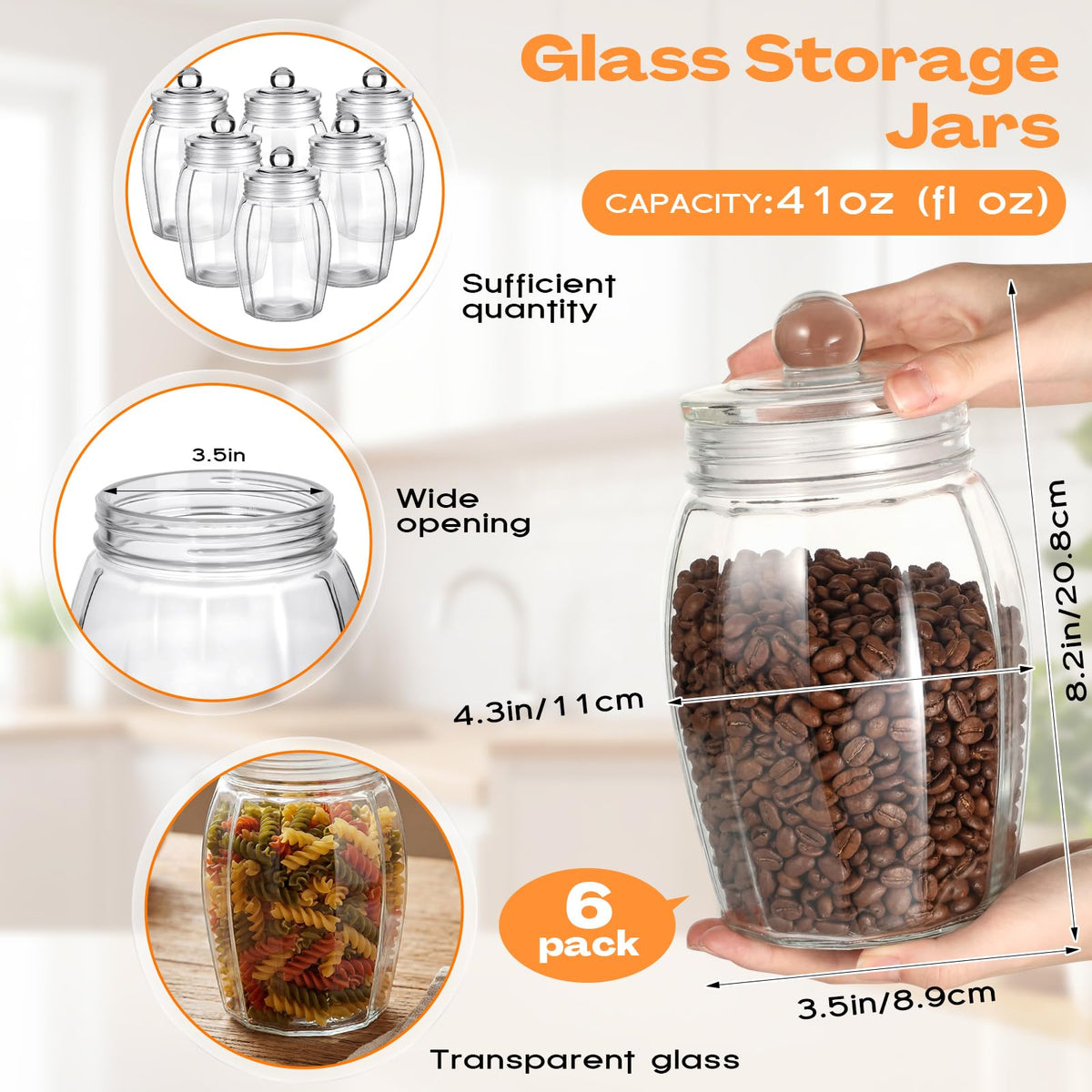 6 Set 41 oz Clear Glass Jars with Airtight Lids (6 Count)