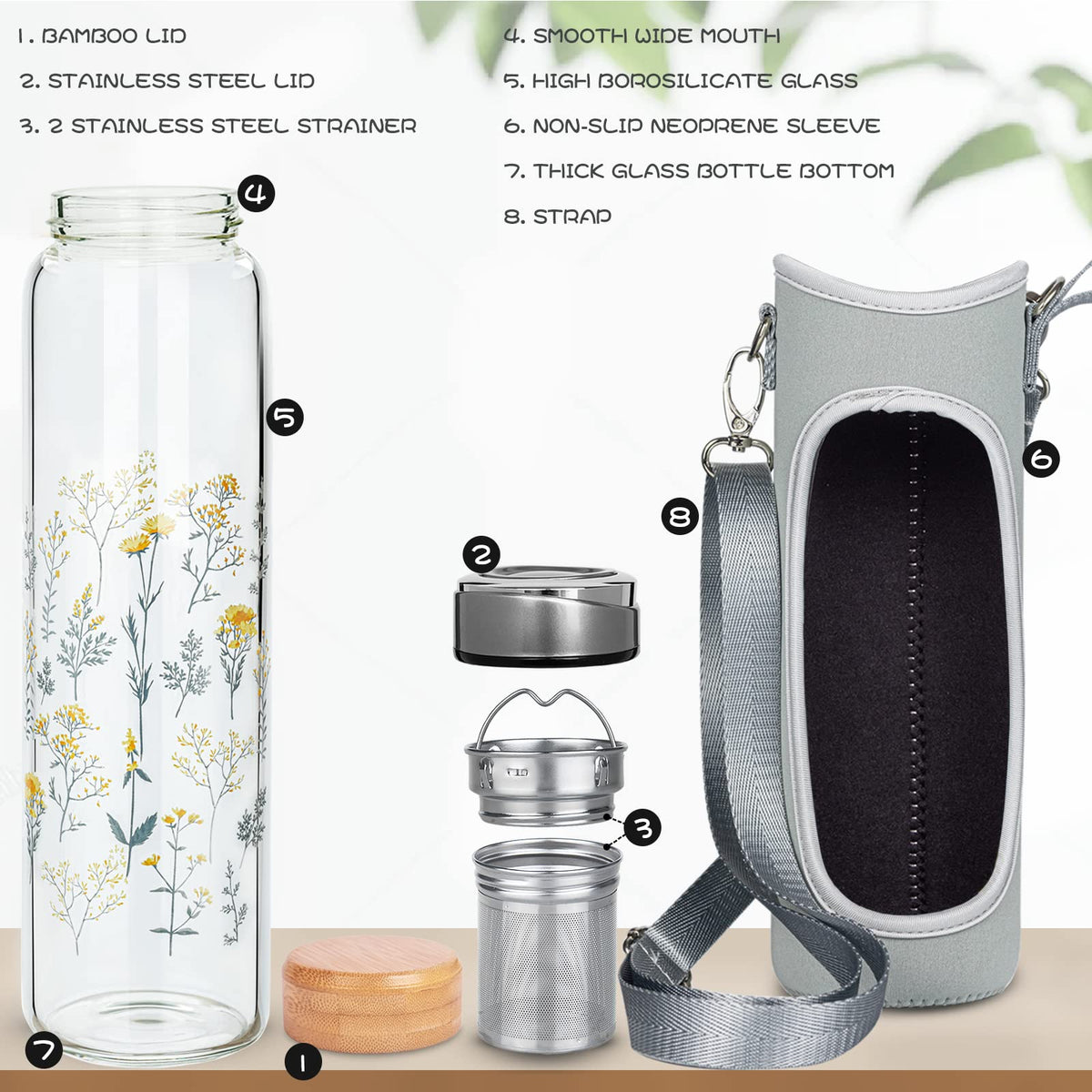 32oz Borosilicate Glass Water Bottle with Tea Infuser