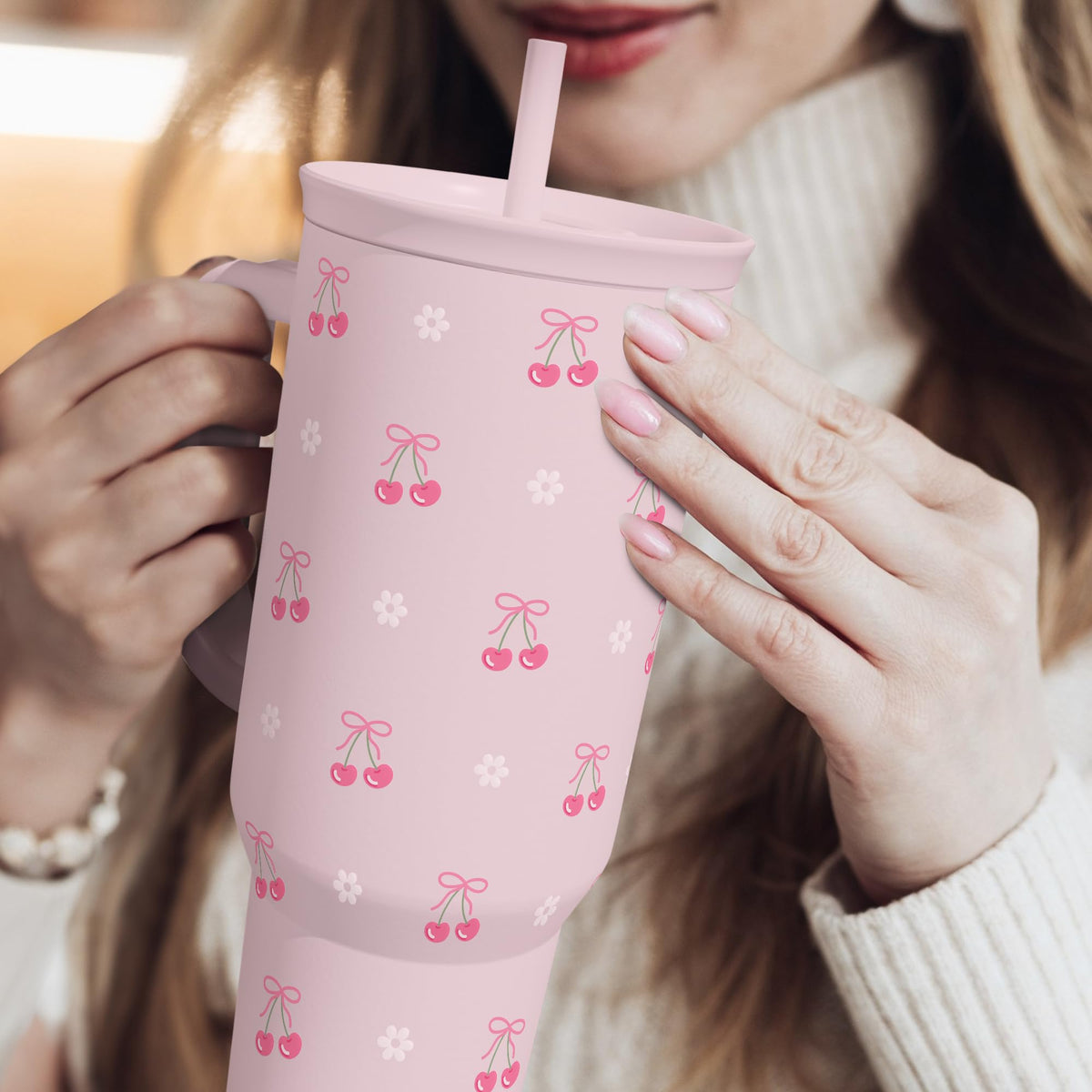 Cherry 40oz Slider Tumbler with Handle and Straw