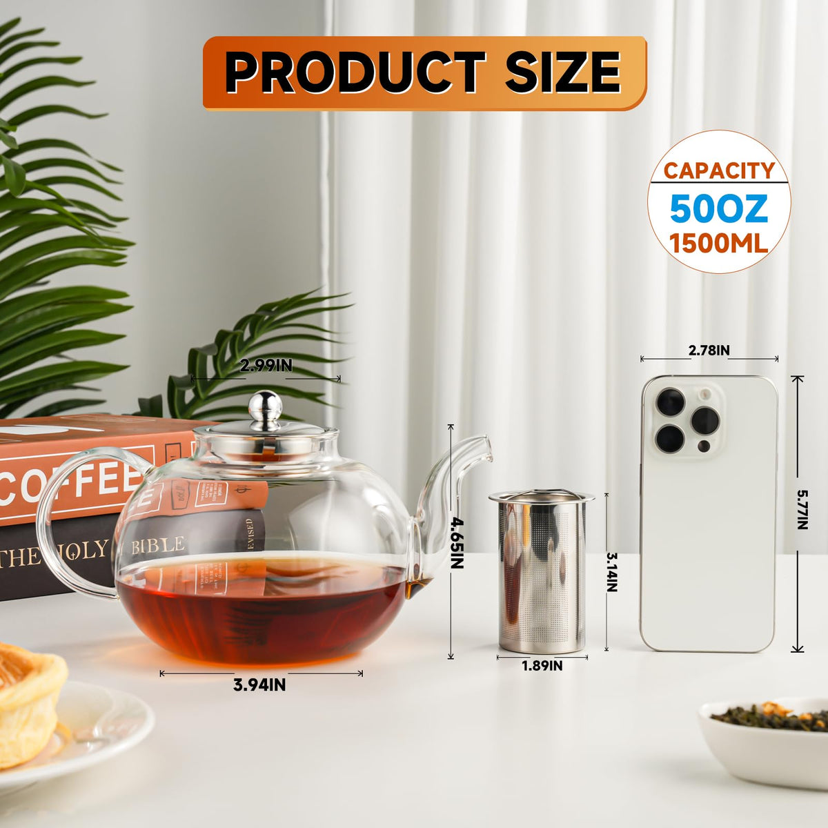 50OZ 1500ML Glass Teapot with Stainless Steel Removable Infuser & Lid