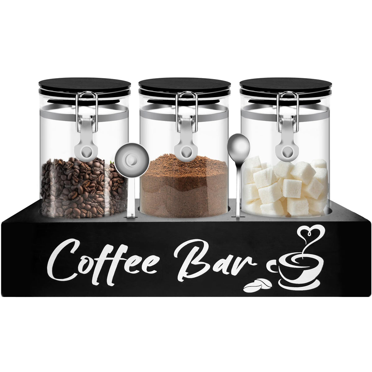 Glass Coffee Containers with Shelf Coffee Station Organizer 54oz Black Glass Coffees Bean Storage Canister with Spoon Coffee Canister Set Kitchen Food Storage Jars for Coffee (7 Count)