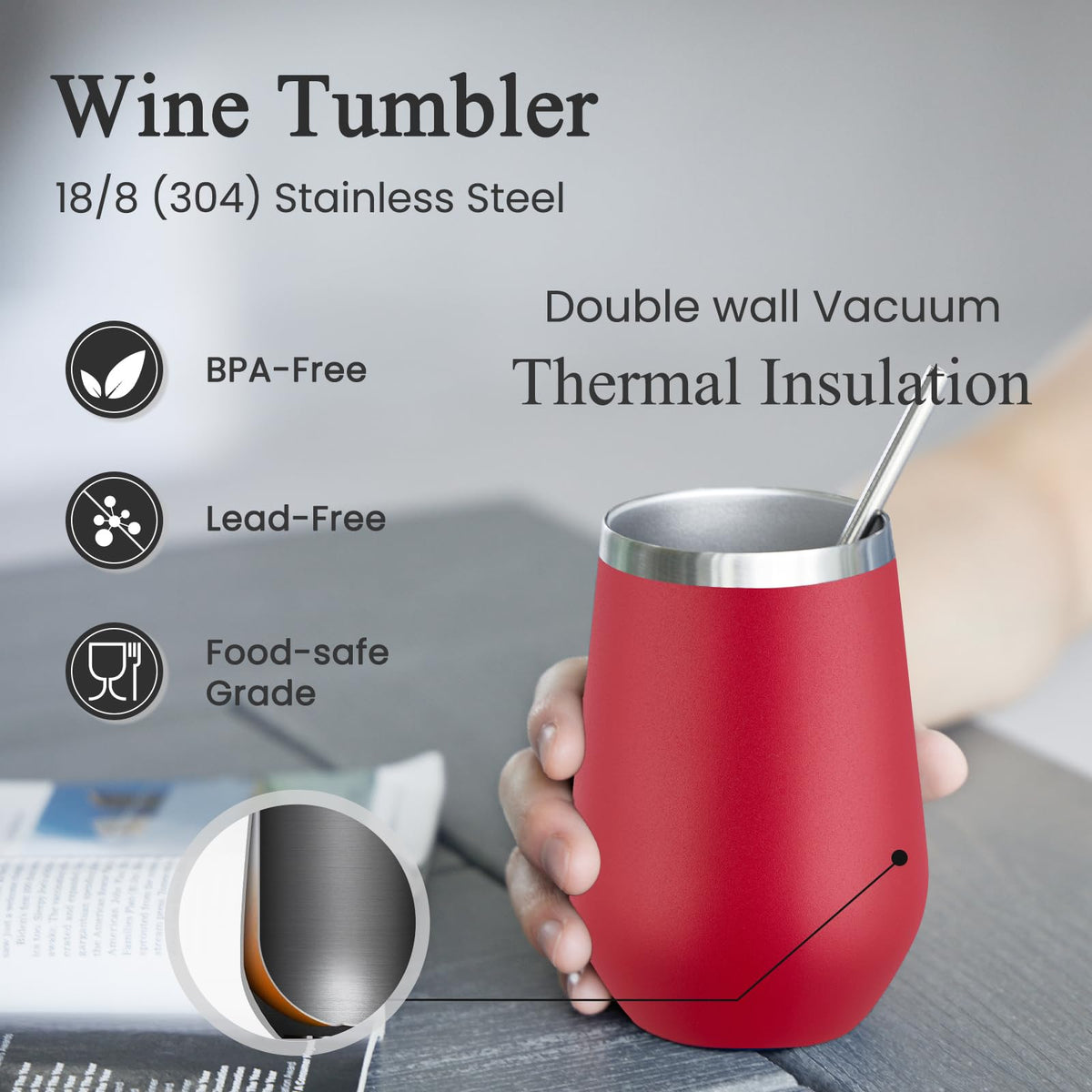 Durable 12oz Stainless Steel Wine Tumbler with Lid and straw