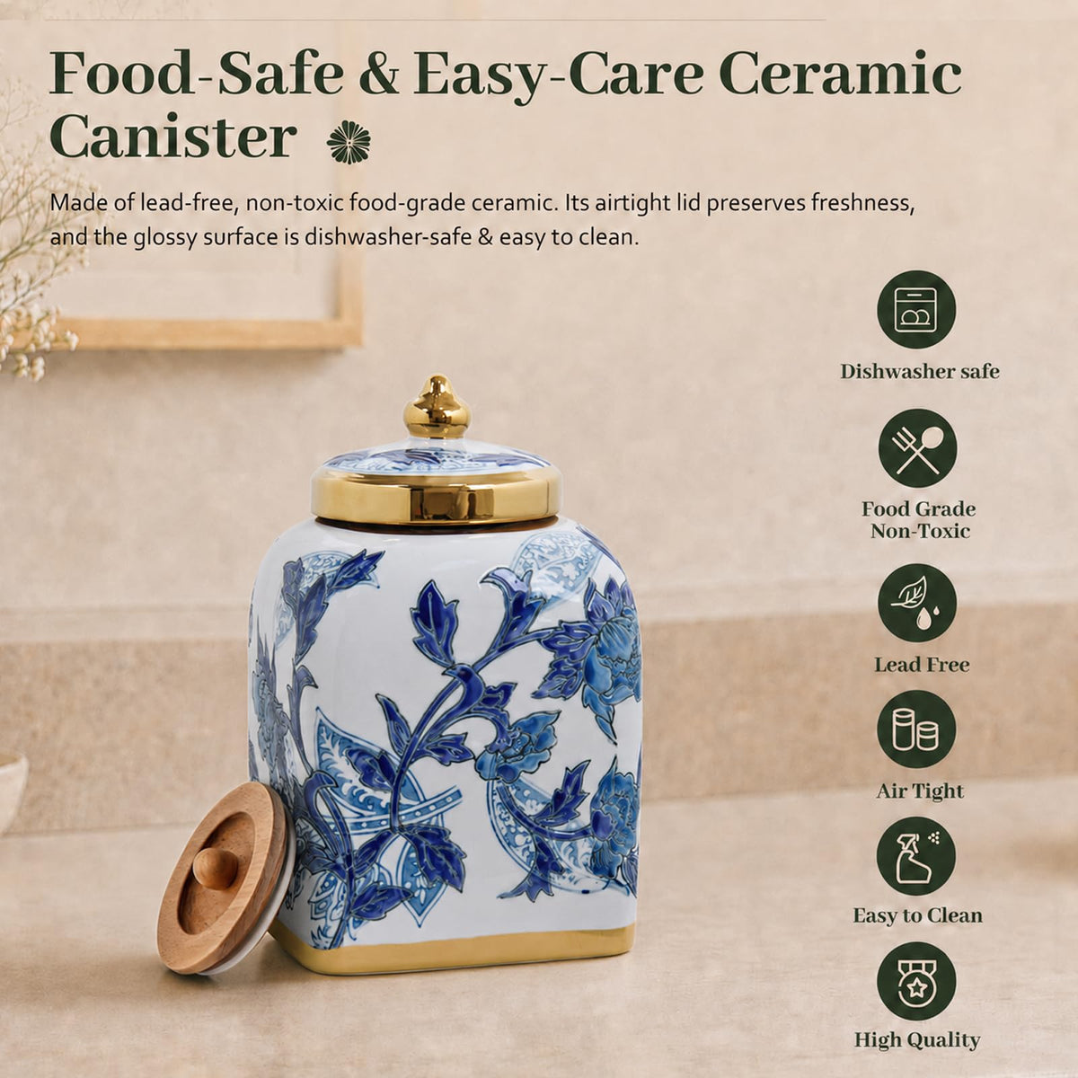Blue and White Ceramic Tea Canister with Airtight Lid