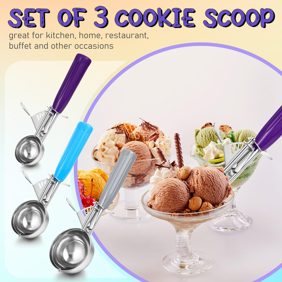 3 Pcs Release Cookie Scoops Ice Cream Scooper with Trigger Release Portion Scoop Stainless Steel for Portion Control (3 Count)