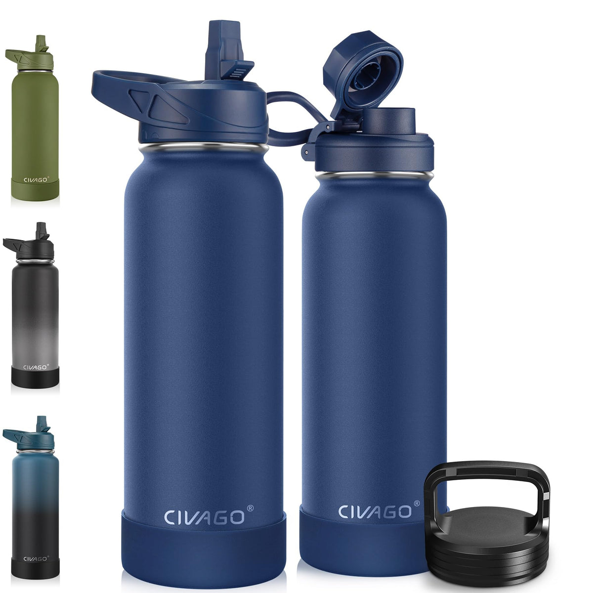 40 oz Insulated Stainless Steel Water Bottle With Straw and 3 Lids