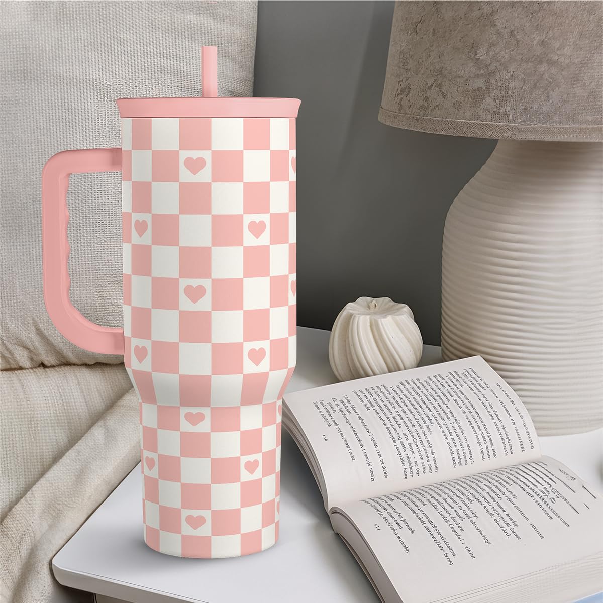 40oz Checkered and Heart Tumbler with Handle and Straw