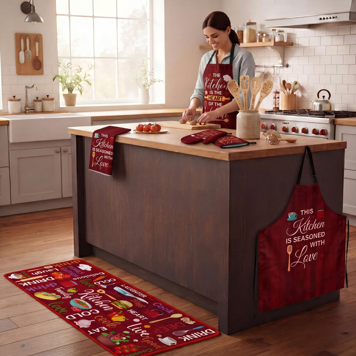 17 Pcs Farmhouse Kitchen Decor and Accessories Red Funny Kitchen Set Rug and Mat Oven Mitts and Pot Holders Apron Dish Towels Cute Wooden Spoons for Holiday Decoration Home Housewarming Gift (17 Count)