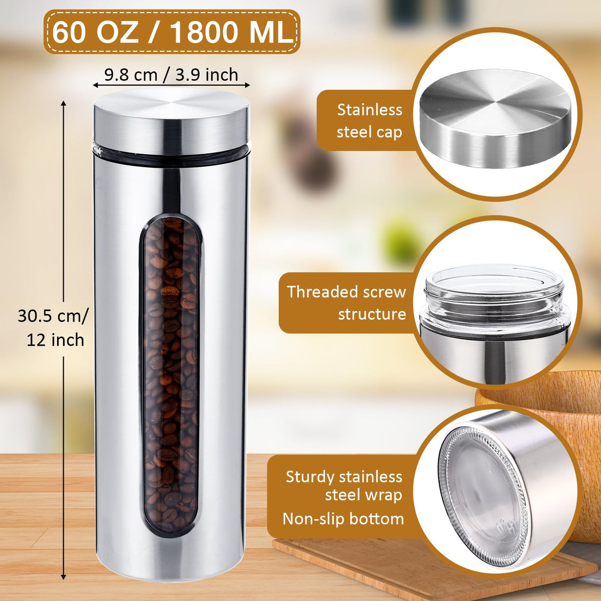 6 Pack 60 oz Airtight Stainless Steel Kitchen Canisters (6 Count)