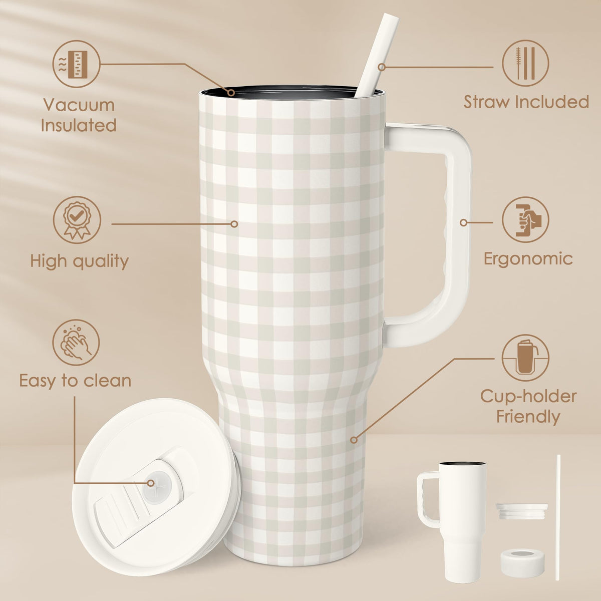 Grey Gingham 40oz Slider Tumbler with Handle and Straw